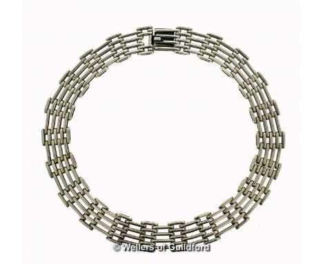 *White metal gate necklace, tested as silver, weight 135.7 grams, together with a gold plated silver cluster ring (Lot subjec