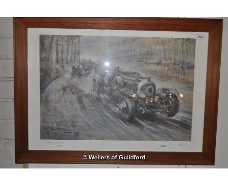 After Byron De Grineau, Le Mans print, signed in pencil by Walter Hassen; and three other vintage racing prints