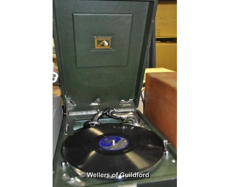 Vintage wind-up gramaphone; together with another record player and a large collection of records