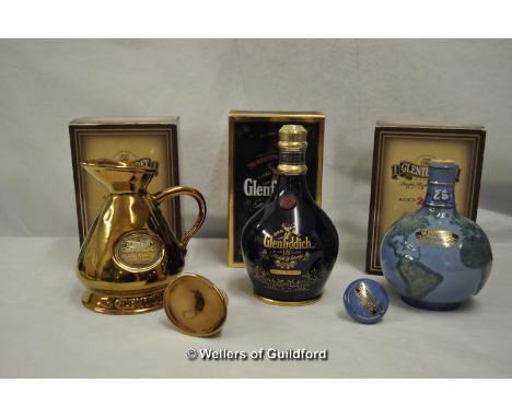 Glenturret Globe decanter whiskey, Glenturret copper lustre flagon whiskey (both 21+ years), Glenfiddich 18 year whiskey, box