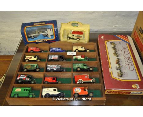 Die cast vintage style vans in presentation case, boxed classic car collection, and three more boxed die cast vehicles