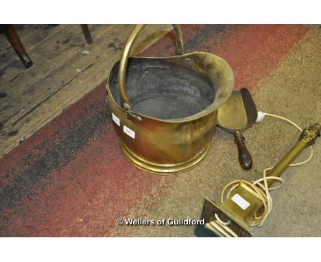 *A brass coal scuttle, shovel and brass table lamp (Lot subject to VAT)