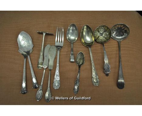 Silver: two sifter spoons, London 1834 & Birmingham 1886; a pair of Mappin & Webb jam spoons, baby spoon and pusher; pair of 