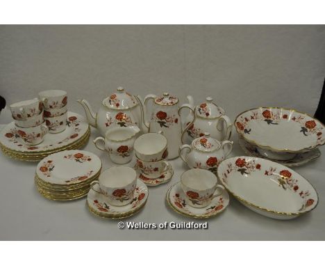 Crown Derby 'Bali' dinner service, comprising; five dinner plates, nine side plates, ten tea cups and six saucers, two teapot