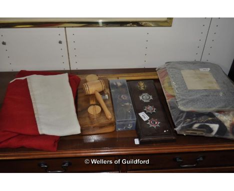 Gallantry flag; Regemental batons, Red Cross buttons and metals, bowls clubs gavel, neckerchiefs, vintage material, scrapbook