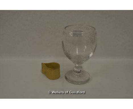 A rare basket-weave cup, glazed interior, possibly Worcester? and David Williams - crystal goblet commemorating the investitu
