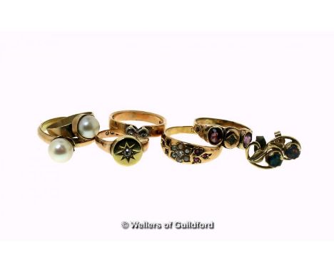 Seed pearl, ruby and diamond ring, mounted in yellow metal stamped 18ct, two 9ct gold diamond set rings, a 9ct gold pearl set