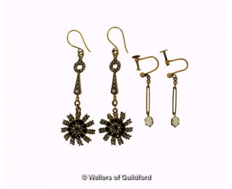 Pair of seed pearl and garnet cluster drop earrings, in yellow metal stamped 9ct, and a pair of screw back drop earrings, for