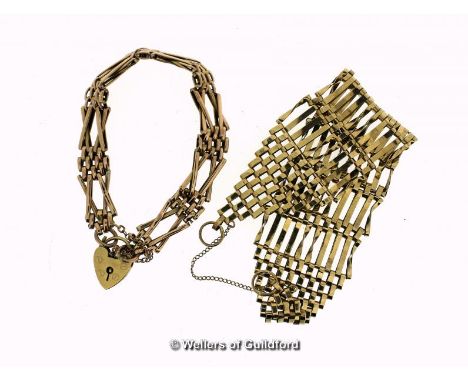 9ct yellow gold gate bracelet, and a wide yellow metal gate bracelet stamped 9ct, a/f, clasp missing, weight 30.5 grams
