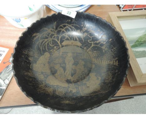 A vintage Japan lacquer fruit or similar bowl with a scene Geisha sewing 