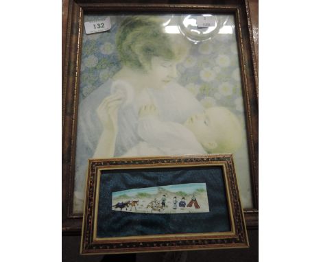 A piece of hand decorated bone with oriental design and a print of mother and child