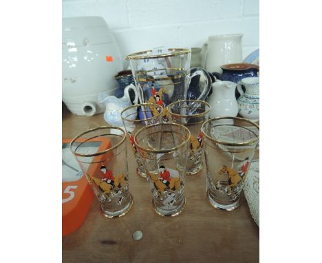 A vintage jug pitcher and glass set with fox hunt theme design