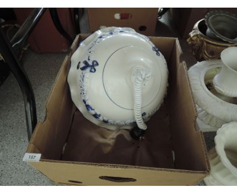 A blue and white ware ceramic ceiling mounted light shade and fitting