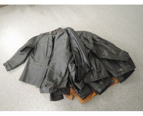 A selection of five vintage leather jackets, including names such as Lakeland, some wear, variety of sizes. 
