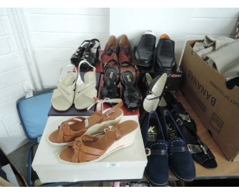 eight pairs of ladies vintage shoes,mostly 1970s and 80s. Most are new in boxes, a few pairs appear unworn but are unboxed an