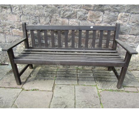 A teakwood garden bench with slatted framework, 160cm max