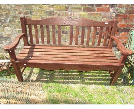 A teakwood garden bench with shaped cresting rail, 160 cm length (AF) 