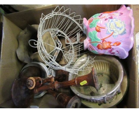 A box of assorted items, to include candle sticks, a wire planter, plant pot etc