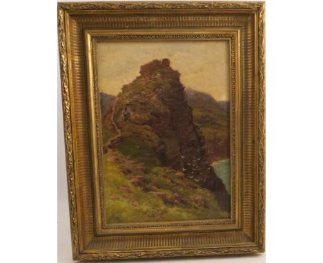 W J Adams, oil on canvas, view of grassy rocks, dated 1887, 13ins x 9.25ins, together with G M Dundas, pair of oil on canvas,