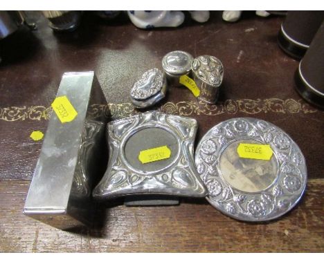 Two hallmarked silver mounted picture frames, together with three trinket pots and a Links of London desk clock