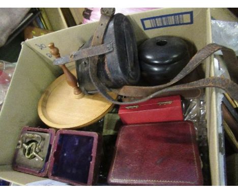 A carriage clock, in a leather travelling case, together with a cased pair of binoculars, various cutlery, camera, watches et