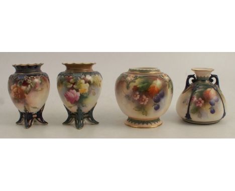 Three Hadleys Worcester vases, together with a Royal Worcester vase, two decorated with roses and two with berries, flowers a