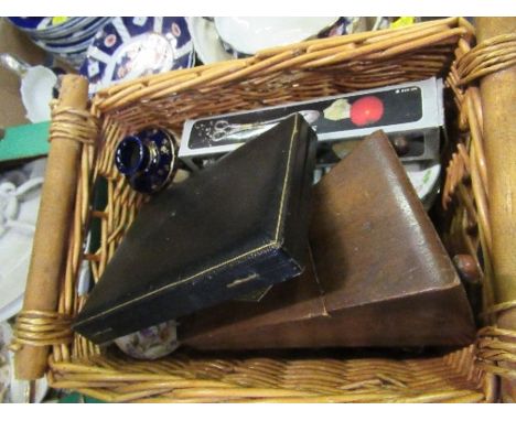 A basket to include a pair of Japanese vases, cased flatware, metronome, etc.