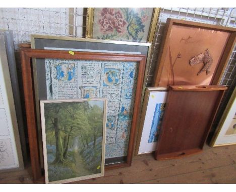 A collection of prints, pictures, tapestry, tray and copper art