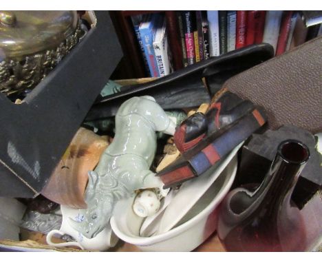 Two boxes of assorted ornaments, china, barometer, etc.
