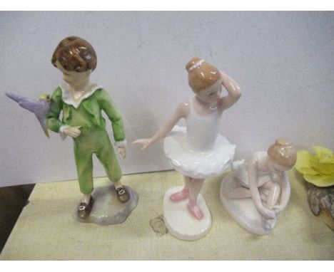 A Royal Worcester figure, The Parakeet, together with two Royal Doulton figures Little Ballerina and Ballet Shoes