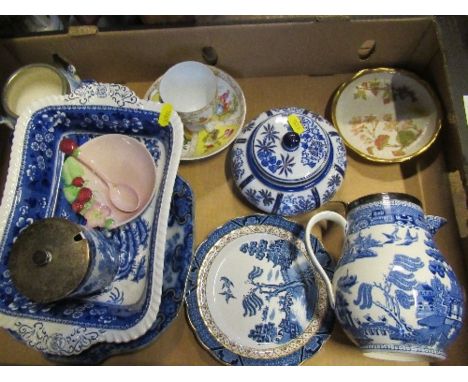 A box of blue and white china, together with a Royal Worcester dish, a Dresden cup and saucer etc