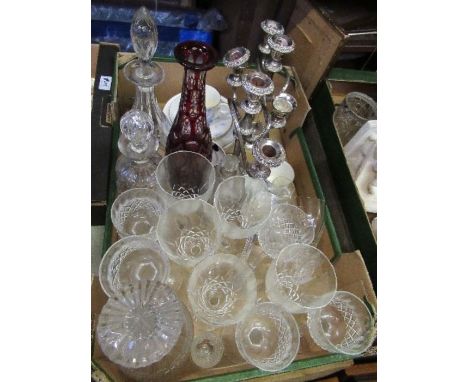 A box of assorted glassware together with a pair of candelabrum, and Royal Worcester tea pot