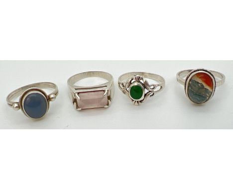 4 silver natural stone set dress rings, in varying styles and sizes. To include rose quartz and moss agate. Ring sizes OÂ½ &a