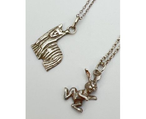 2 vintage silver and white metal animal shaped pendant necklaces. A white metal rabbit on an 18" silver belcher chain with lo