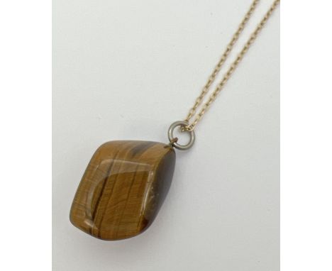 A polished Tigers eye stone pendant on an 18" 14k Rolled gold belcher chain. Stamped '14k rg K&amp;L' to fixing link. Pendant