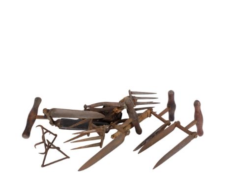 A collection of Antique hop working tools, including a six pronged swivelled hop sampler, 