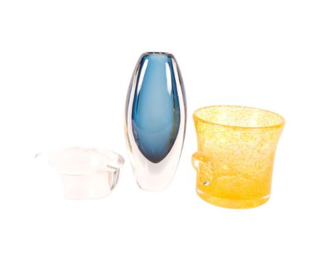 A French orange crackle glaze vase, H12cm, a Kosta vase, and an Orrefors ashtray 