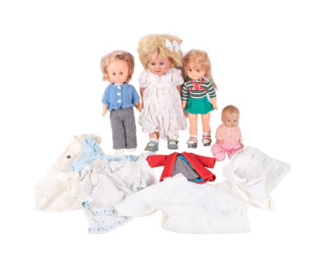 A 1950s composite doll, with crying sound, and a second Vintage composite doll, of a baby in pink knitted clothing, 2 further