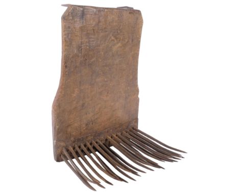 Antique wooden flax comb with steel teeth, H41cm 