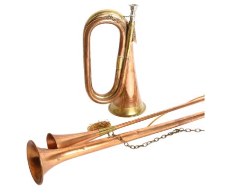 A brass and copper bugle (no maker's marks), a hunting horn, and a post horn (3) 