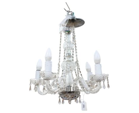 Vintage 5-branch glass chandelier with chrome mounts, with lustre drops, 45cm across 