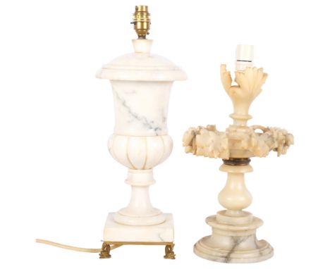 A marble Campana urn style table lamp, with brass base and Koi carp style decorative feet, H45cm, and a second alabaster pulp