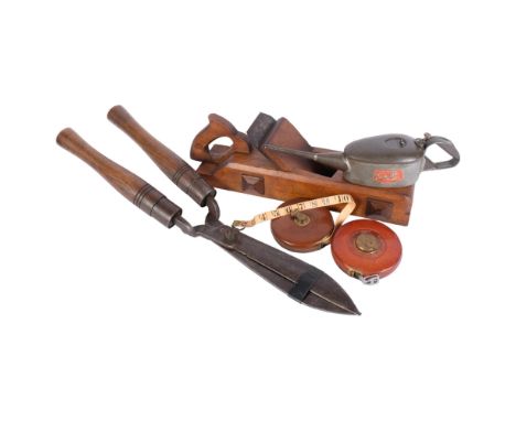 A group of Vintage tools, including a large French wooden smoothing plane, a large pair of shears, a Chesterman Ltd Rabone ta