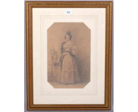 19th century portrait of a lady in evening dress, pencil on paper, unsigned, 35cm x 22cm, framed