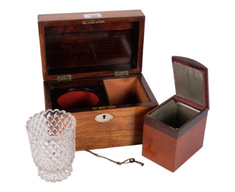 A Regency rosewood tea caddy, with single fitted lidded container and glass mixing jar, W23.5cmGood overall condition, there 