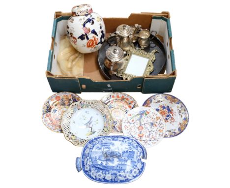 Victorian Wild Rose blue and white tureen and cover, with animal knop, 19th century Spode and Derby plates etc, and other ite