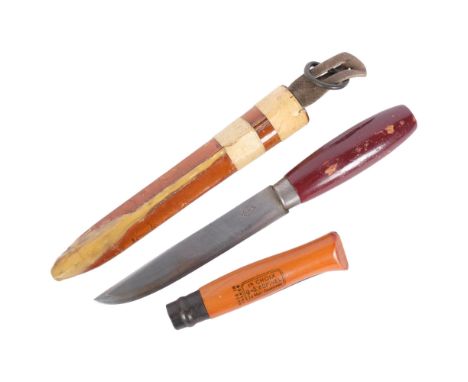 K.J. ERIKSSON, MORA SWEDEN - a wooden handled hunting knife and sheath, and a French Choix Opinel folding knife (2) 