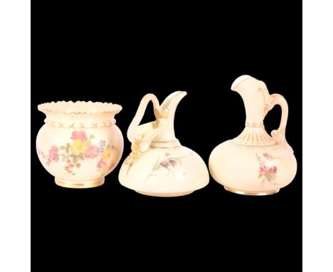 A group of Royal Worcester Blush Ivory jugs and vase, all with floral spray and gilded decoration, 1 with a swan neck handle,