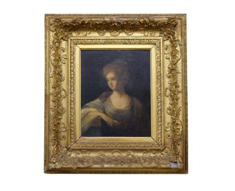 Oil on board, portrait of a young lady, unsigned, image 33cm x 26cm, 61cm x 54cm overall, in ornate giltwood and gesso cushio