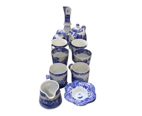 A group of Spode Italian blue and white ceramics, to include bachelor's teapot, candlestick, various mugs etc 